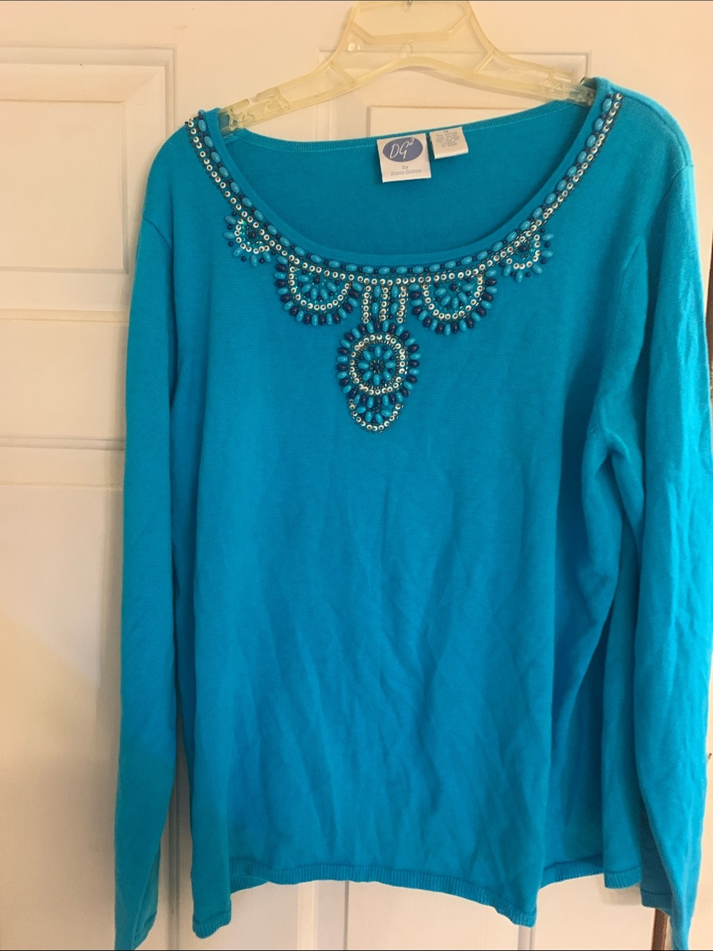 Diane Gilman Turquoise Beaded Scoop Neck Sweater